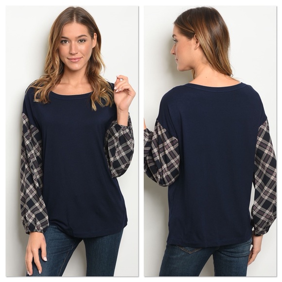Lavender Moon Tops - Navy Plaid Puff Sleeves Top